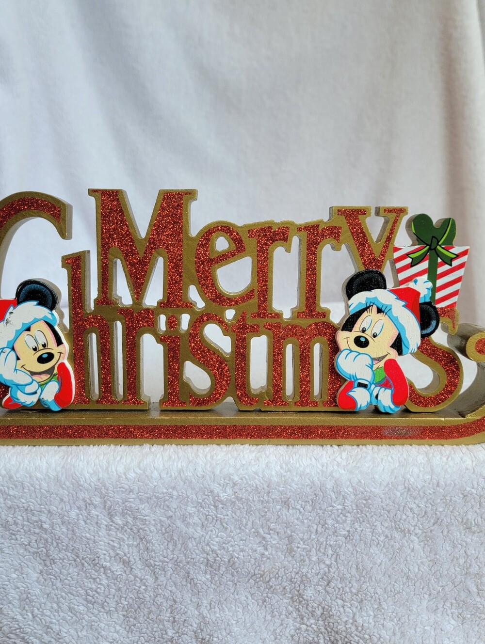 Vtg Disney Mickey & Minnie Mouse Merry Christmas Tabletop Sign Red Holiday Decor